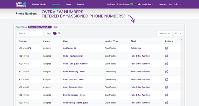 Overview Numbers - Filtered By Assigned Phone Numbers | CallGenius.pro